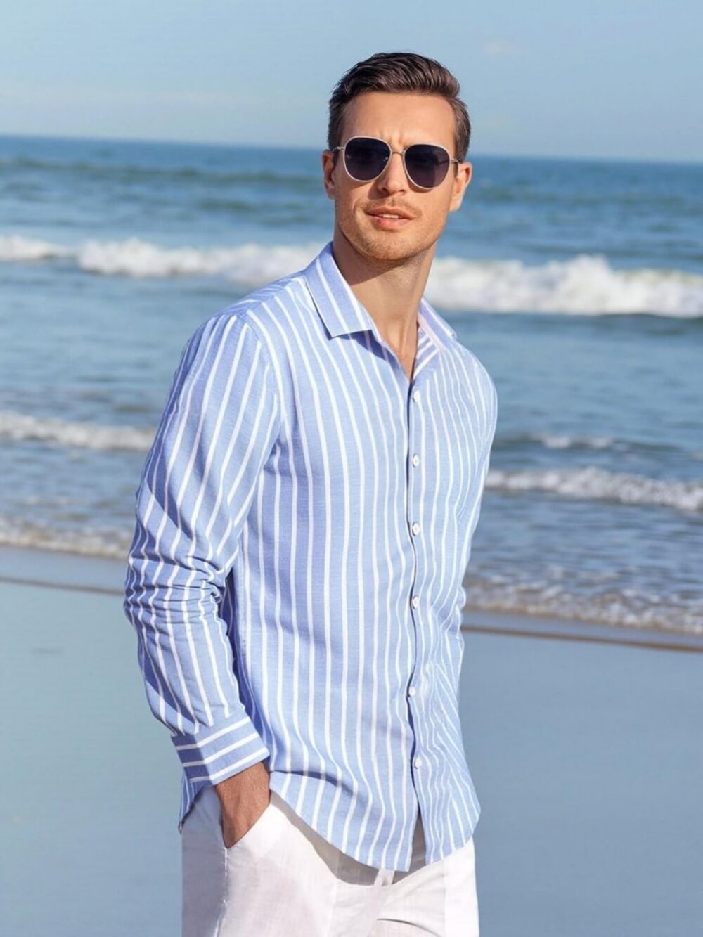 Men's Striped Linen Long Sleeve Button Down Beach Shirt - Lightweight & Stylish - Picture 3 of 8